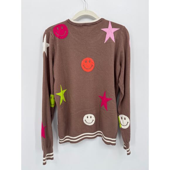 THML Super Soft Brown Smiley Star Print Sweater Size Large - Picture 3 of 7
